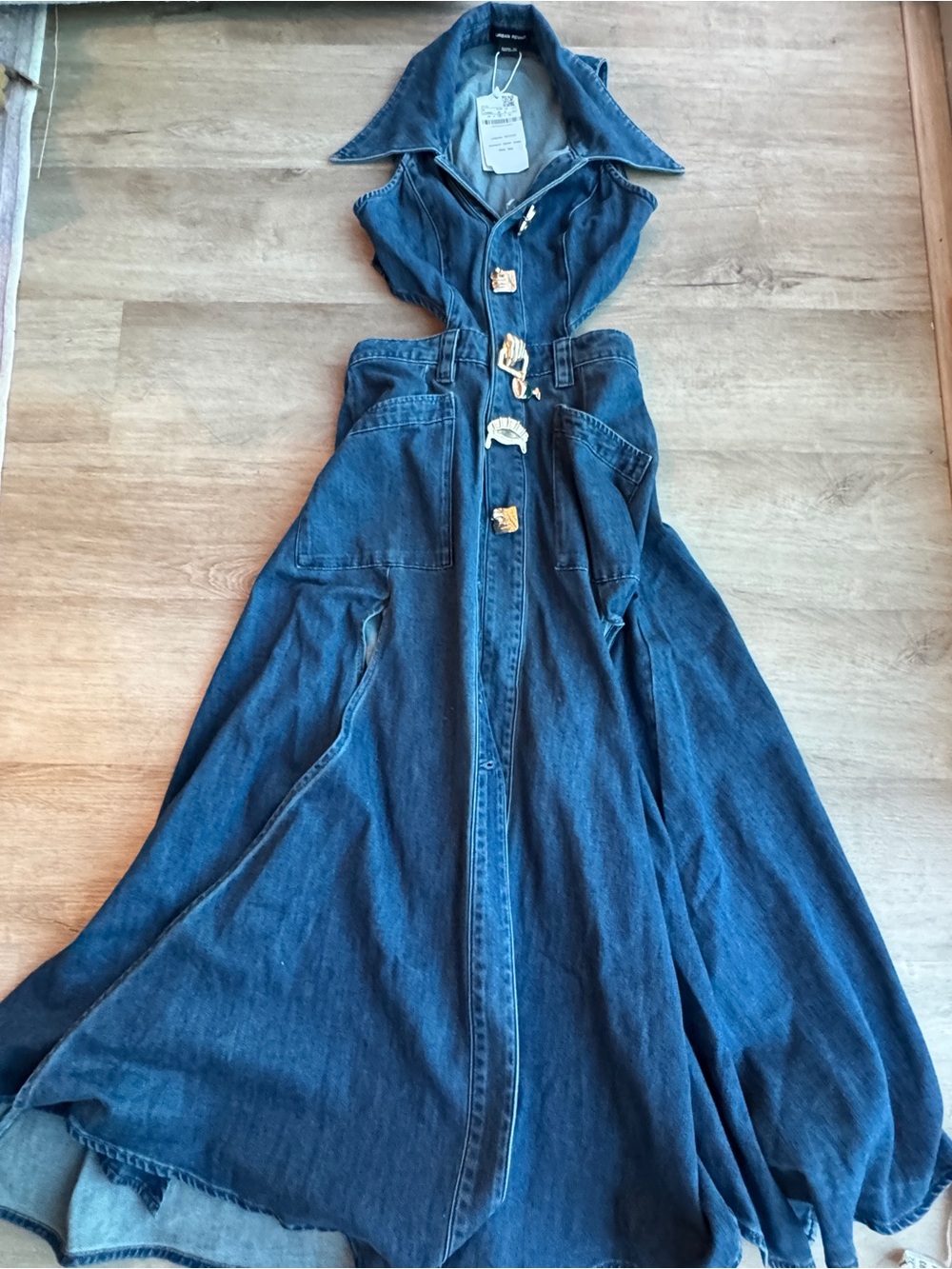 Urban Revivo NWT Denim Cut outs Front Dlits Halter Maxi Dress sz 6 - Picture 2 of 7